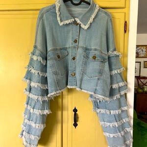 Cropped Denim Jacket with Statement Sleeve